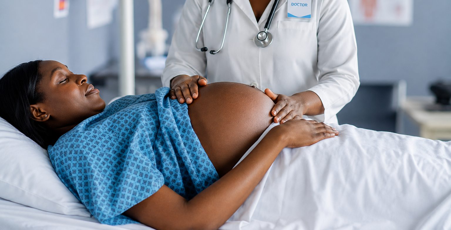 A Ndengera doctor examining an expectant mother during an antenatal consultation